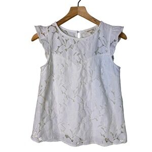 Monteau Los Angeles White Floral Lace‎ Ruffle Cap Sleeve Top Small